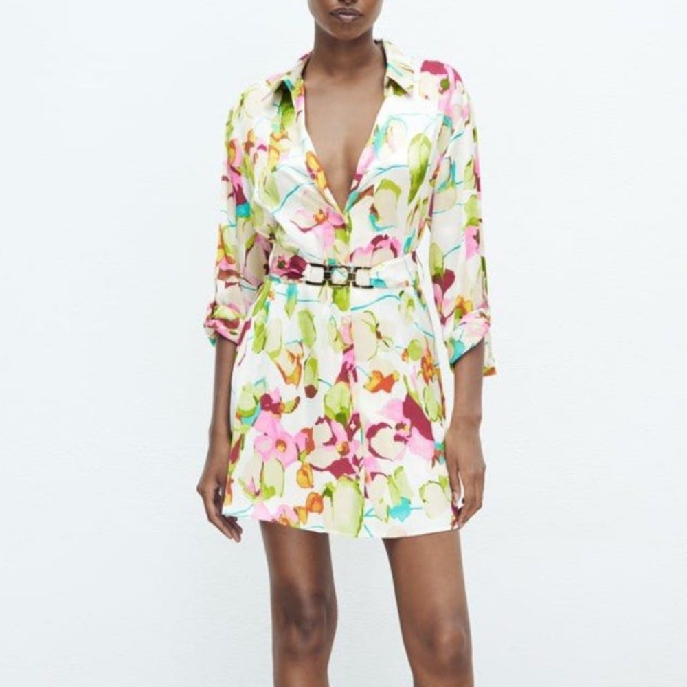 Zara floral belted shirt dress size S